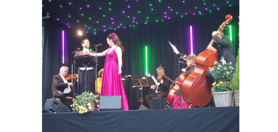 Männer und Frauen mit Instrumenten  auf einer Bühne