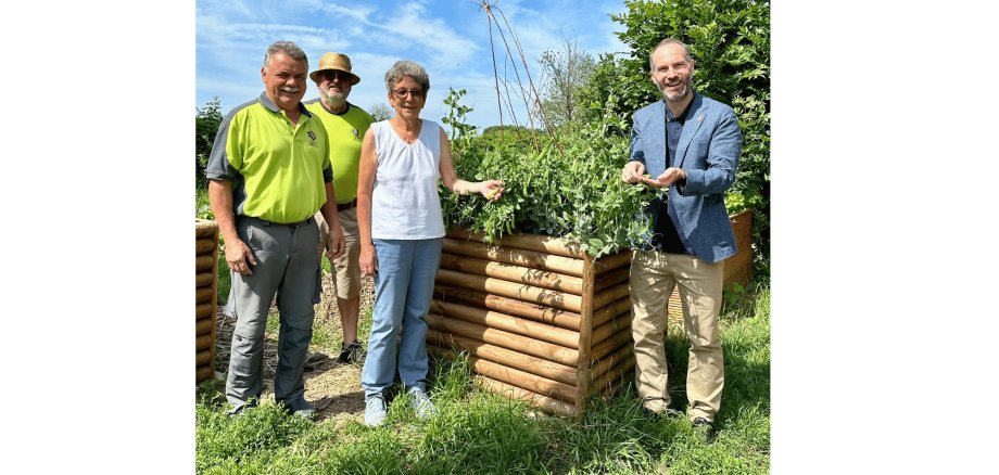 3 Männer und 1 Frau stehend vor einem Hochbeet im Grünen