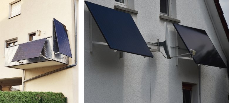 Photovoltaikanlage an einem Balkon und einer Hauswand