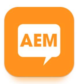 Logo AEM - orange-farbenes Rechteck mit weißen Buchstaben "AEM"